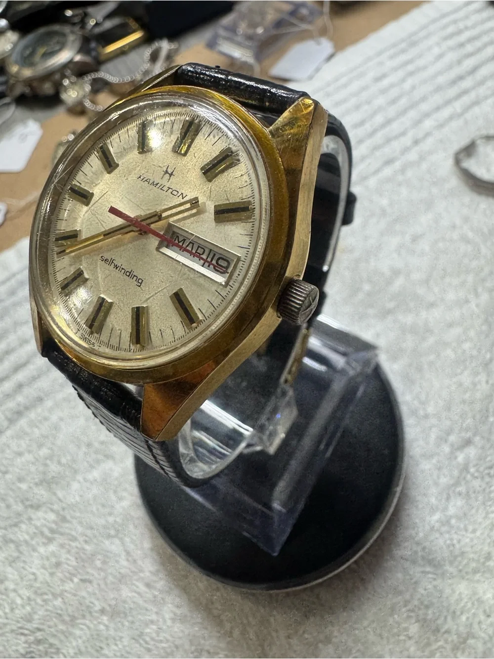 #203 Hamilton Gold-Tone Men's Watch with Black Strap and Red Seconds Hand